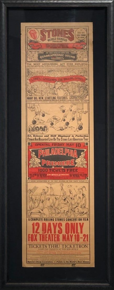 May 10th 1974 Rolling Stones Vintage Poster (Philadelphia Premiere): Presenting this Bill Wyman Movie Poster on Paper: "May 10th 1974 Rolling Stones Vintage Poster (Philadelphia Premiere)". This piece, measuring 42 x 17 x 2 inch, is available at auction on LiveAuctione