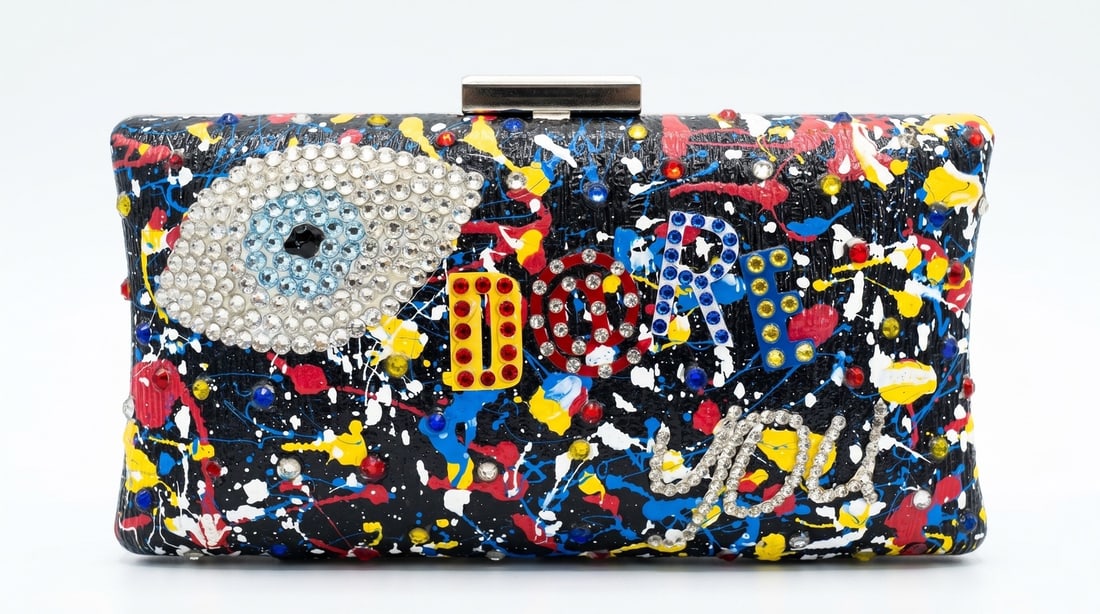 Mercedes Brunelli "Eye Dare You" Jeweled Clutch: Presenting this Mercedes Brunelli work: "Mercedes Brunelli "Eye Dare You" Jeweled Clutch". This piece, measuring 3.75 x 7.5 x 2 inch, is available at auction on LiveAuctioneers. Artist: Mercedes Brune