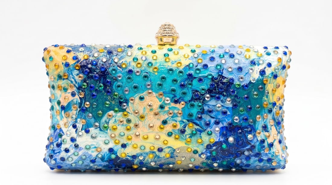 Mercedes Brunelli "Palette" Jeweled Clutch: Presenting this Mercedes Brunelli work: "Mercedes Brunelli "Palette" Jeweled Clutch". This piece, measuring 3.75 x 7.5 x 2 inch, is available at auction on LiveAuctioneers. Artist: Mercedes Brunelli