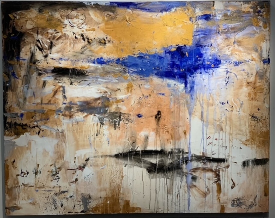 Jorn Fox Abstract Signed Original Oil and Acrylic: Offered here is an original Original Oil and Acrylic on Canvas with 1 1/2" Museum Bar by Jorn Fox: "Jorn Fox Abstract Signed Original Oil and Acrylic". This one-of-a-kind piece, measuring 48 x 60 x 2