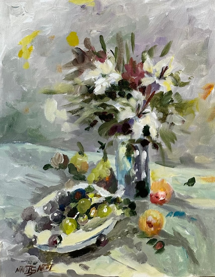Madi Salehi "Still Life Flower Vase and Fruit" acrylic on canvas board: Offered here is an original Original acrylic on canvas board by Madi Salehi: "Madi Salehi "Still Life Flower Vase and Fruit" acrylic on canvas board". This one-of-a-kind piece, measuring 8 x 10 inch,