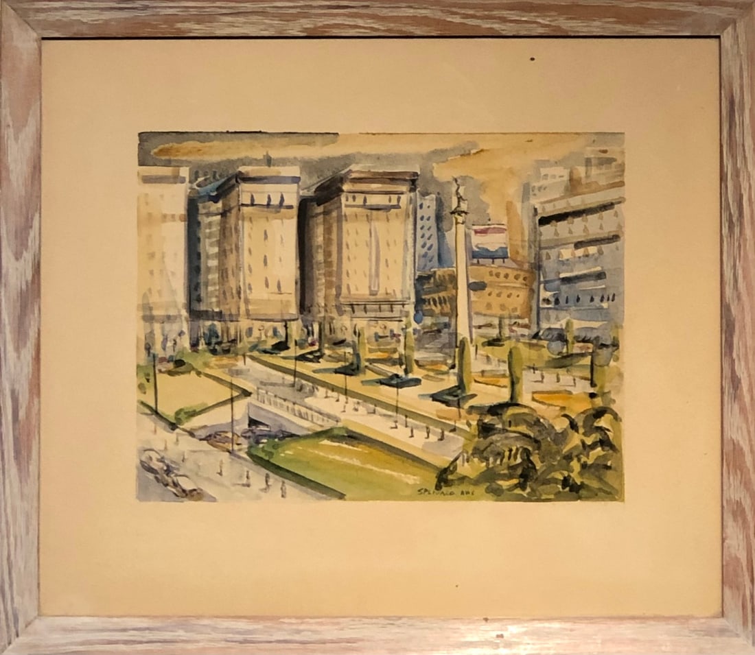 Lee Marion Splivalo (Union Square - San Francisco) Signed Original Watercolor: Offered here is an original Watercolor on Paper by Lee Marion Splivalo: "Lee Marion Splivalo (Union Square - San Francisco) Signed Original Watercolor". This one-of-a-kind piece, measuring 16 x 19 x 2