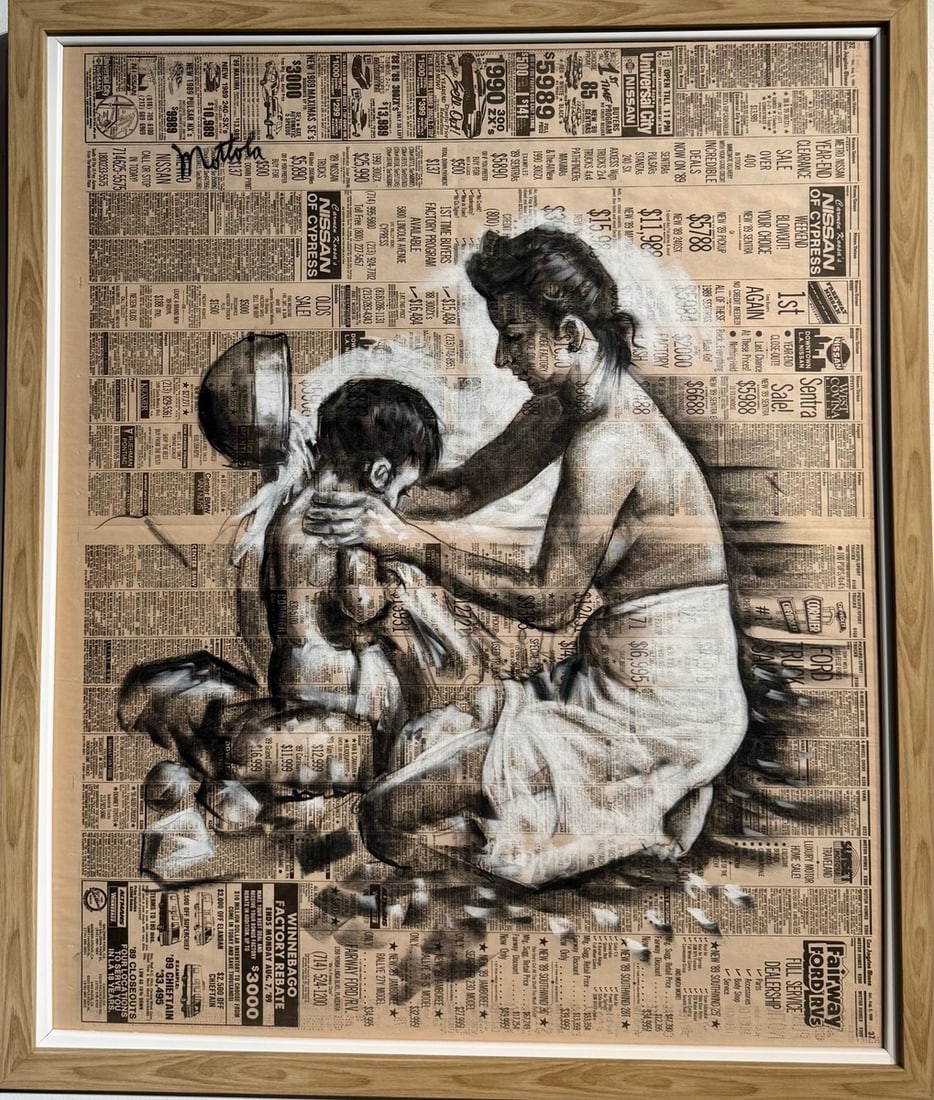 Filastro Mottola (Figurative - Mother and Son) Signed Original Acrylic: Offered here is an original Acrylic on Newspaper by Filastro Mottola: "Filastro Mottola (Figurative - Mother and Son) Signed Original Acrylic". This one-of-a-kind piece, measuring 25 x 30 x 2 inch,