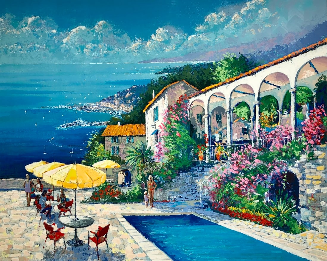 Kerry Hallam "Mediterranean Villa" Signed Serigraph LE: Presenting a limited edition Serigraph on Paper by Kerry Hallam: "Kerry Hallam "Mediterranean Villa" Signed Serigraph LE". This Serigraph on Paper (Edition: CLXXXV/CC), measuring 45 x 52 x 2 inch, is