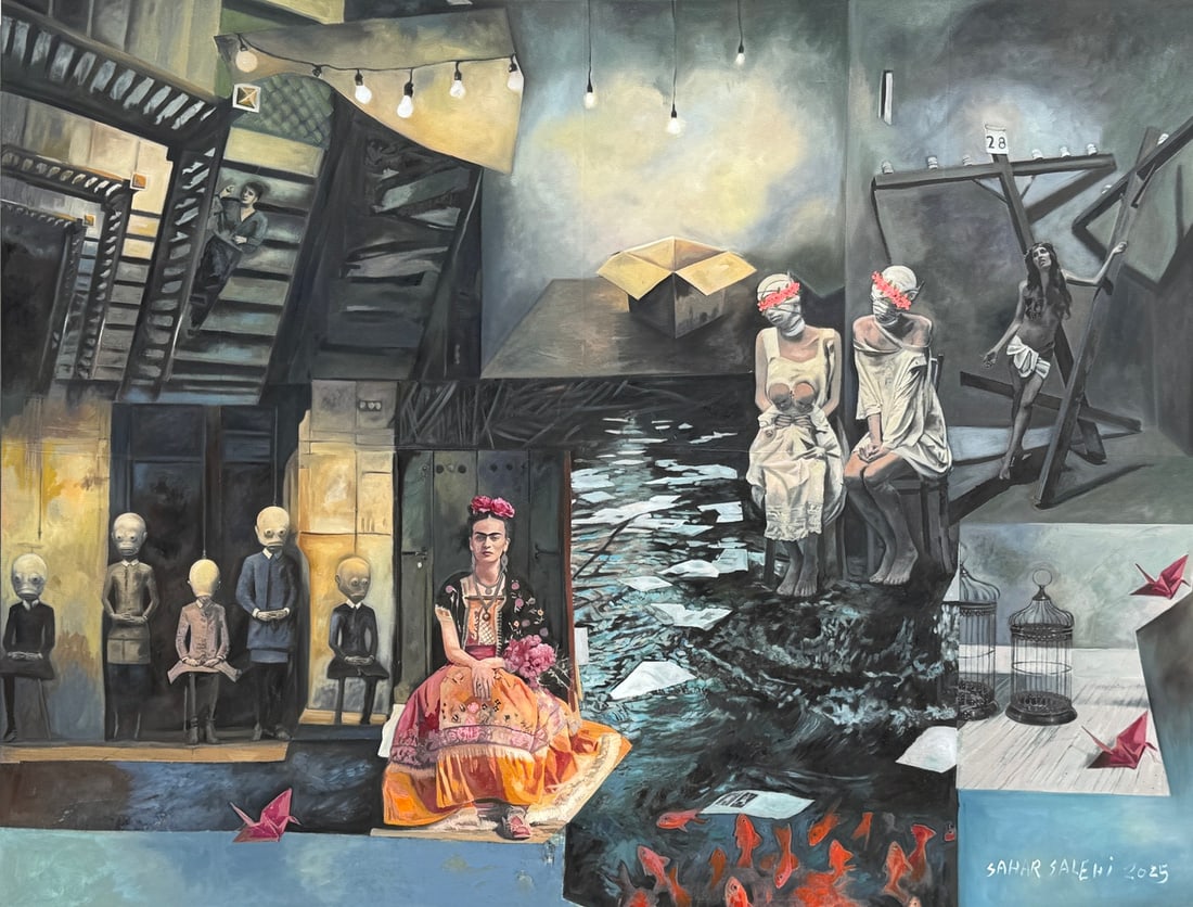 Sahar Salehi "Echoes In The Open Box" Original Mixed Media On Canvas: Offered here is an original Mixed Media Original on Canvas by Sahar Salehi: "Sahar Salehi "Echoes In The Open Box" Original Mixed Media On Canvas". This one-of-a-kind piece, measuring 54 x 59 x 2