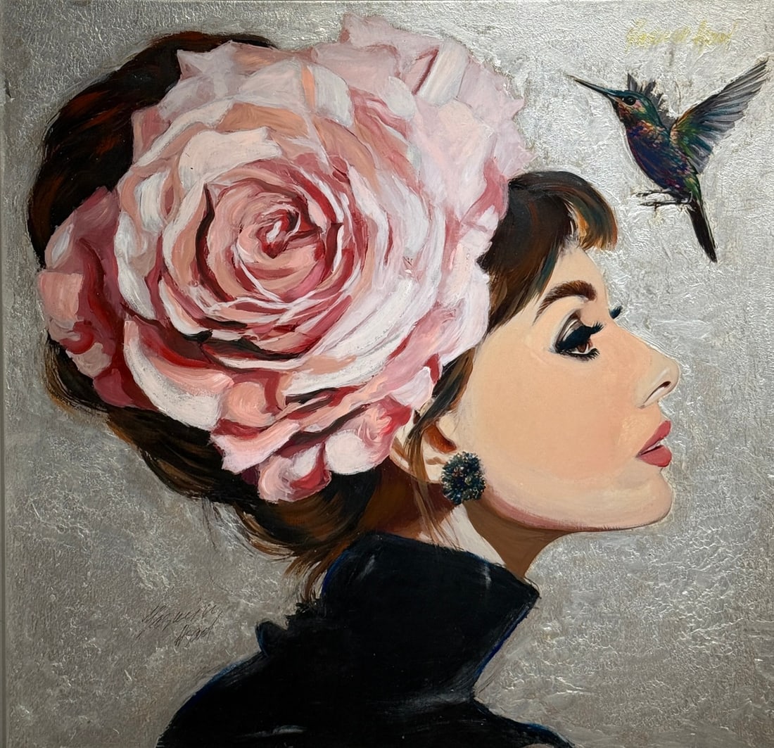 Yasemen Asad "Audrey in Bloom" Original mixed media on canvas: Offered here is an original Original Mixed Media on Canvas by Yasemen Asad: "Yasemen Asad "Audrey in Bloom" Original mixed media on canvas". This one-of-a-kind piece, measuring 36 x 36 x 1 inch, is a