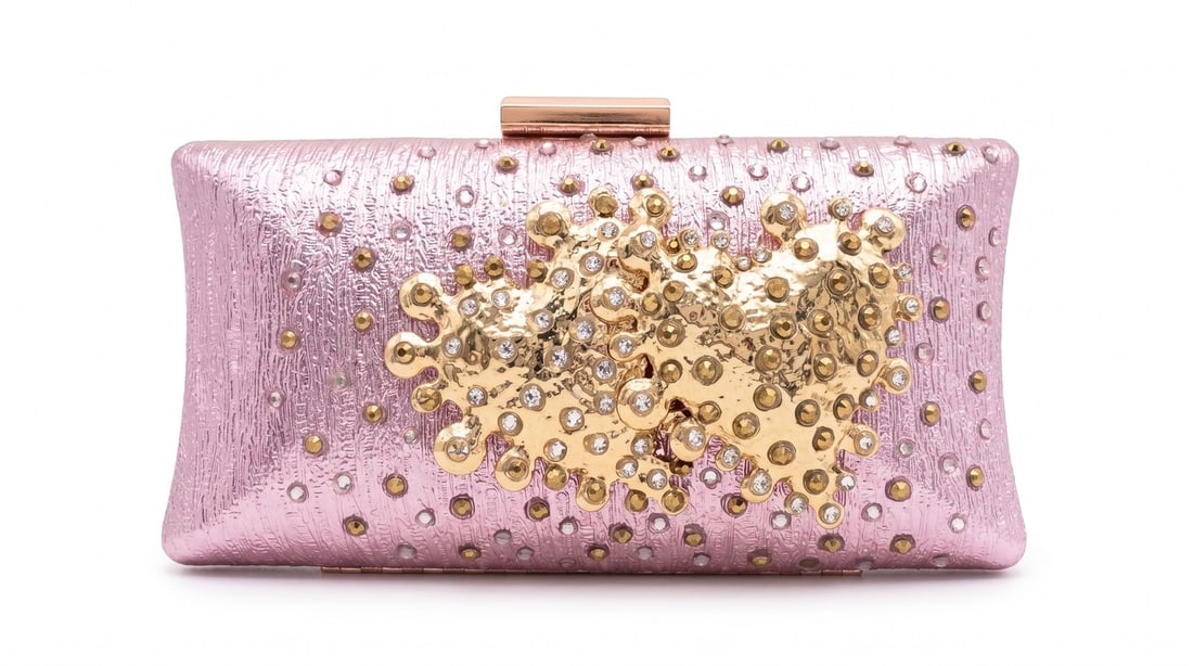 Mercedes Brunelli "Purple Hearts" Jeweled Clutch: Presenting this Mercedes Brunelli work: "Mercedes Brunelli "Purple Hearts" Jeweled Clutch". This piece, measuring 3.75 x 7.5 x 2 inch, is available at auction on LiveAuctioneers. Artist: Mercedes
