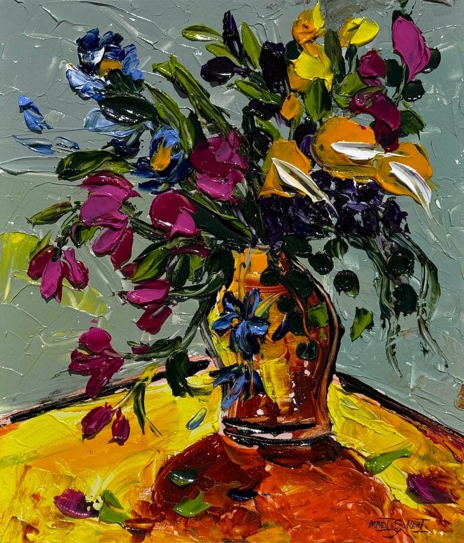 Madi Salehi "Bouquet Of Radiance" Original On Canvas (Heavy Impasto): Offered here is an original Original acrylic on canvas by Madi Salehi: "Madi Salehi "Bouquet Of Radiance" Original On Canvas (Heavy Impasto)". This one-of-a-kind piece, measuring 25.5 x 21.5 x 2
