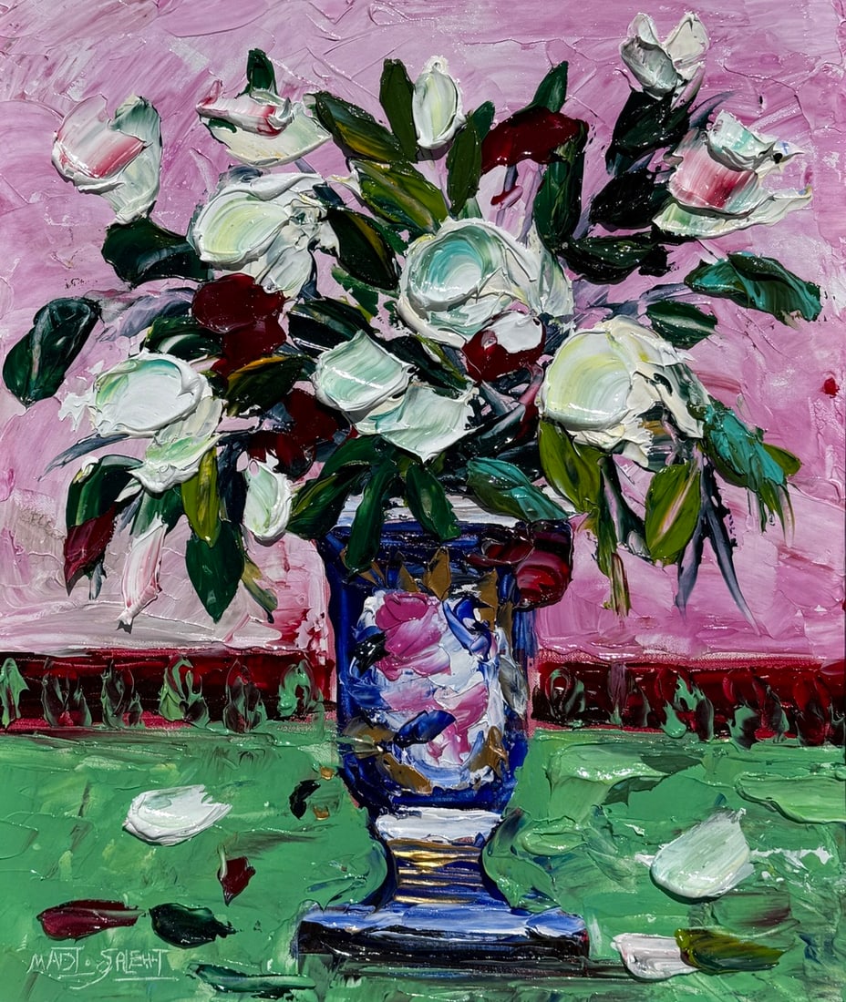 Madi Salehi "Royal Peonies" Original On Canvas (Heavy Impasto): Offered here is an original Original acrylic on canvas by Madi Salehi: "Madi Salehi "Royal Peonies" Original On Canvas (Heavy Impasto)". This one-of-a-kind piece, measuring 25.5 x 21.5 x 2 inch, is a
