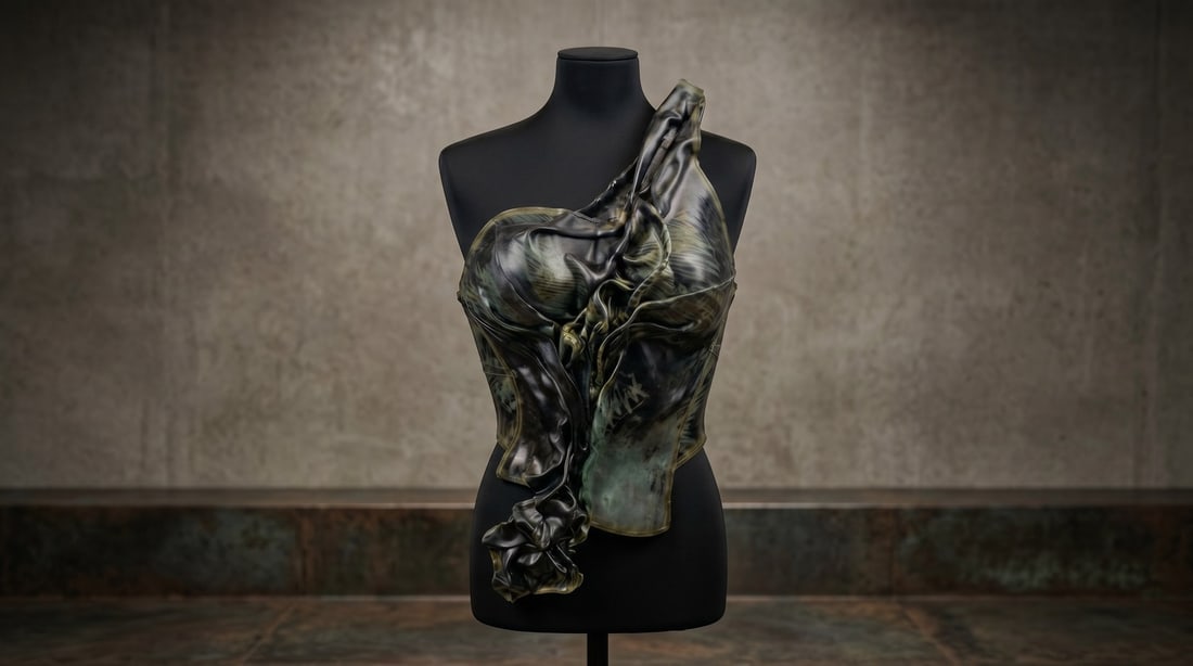 Mercedes Brunelli "Nightmare on Fashion Street" Fabric/Resin Corset: Presenting this Mercedes Brunelli work: "Mercedes Brunelli "Nightmare on Fashion Street" Fabric/Resin Corset". This piece, measuring 21 x 12 inch, is available at auction on LiveAuctioneers. Artist: