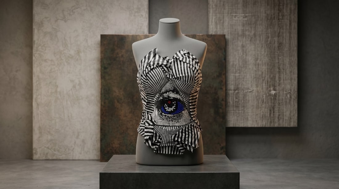Mercedes Brunelli "All Seeing" Fabric/Swarovski Crystals/Resin Corset: Presenting this Mercedes Brunelli Sculpture: "Mercedes Brunelli "All Seeing" Fabric/Swarovski Crystals/Resin Corset". This piece, measuring 18 x 10 inch, is available at auction on LiveAuctioneers.