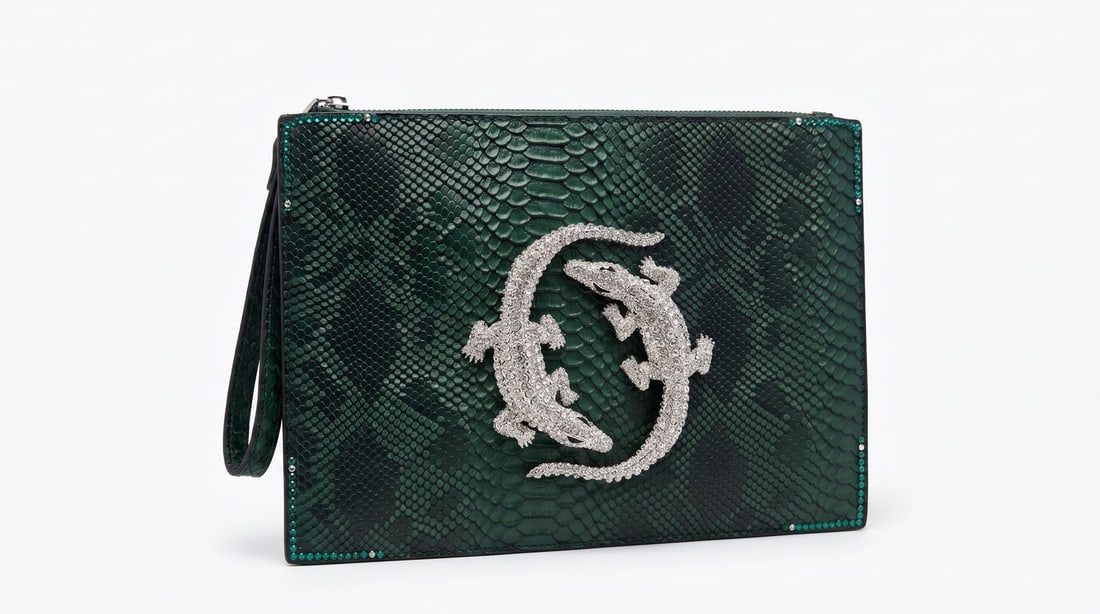 Mercedes Brunelli "Emerald Gator" Crocodile Grain PU Leather Envelope Wristlet Clutch: Presenting this Mercedes Brunelli work: "Mercedes Brunelli "Emerald Gator" Crocodile Grain PU Leather Envelope Wristlet Clutch". This piece, measuring 20 x 1 x 30 cm, is available at auction on