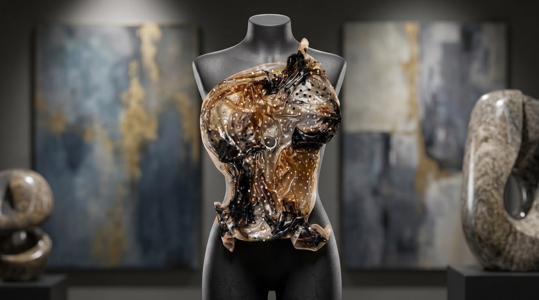 Mercedes Brunelli "Smokey Topaz" Fabric/Swarovski Crystals/ Resin Corset: Presenting this Mercedes Brunelli Sculpture: "Mercedes Brunelli "Smokey Topaz" Fabric/Swarovski Crystals/ Resin Corset". This piece, measuring 16 x 10 inch, is available at auction on