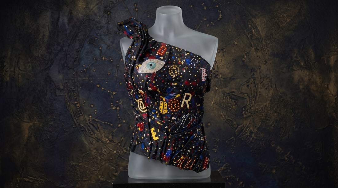 Mercedes Brunelli "Eye Dare You" Fabric/Acrylic Paint/Swarovski Crystals/Resin Corset: Offered here is an original Sculpture by Mercedes Brunelli: "Mercedes Brunelli "Eye Dare You" Fabric/Acrylic Paint/Swarovski Crystals/Resin Corset". This one-of-a-kind piece, measuring 22 x 18 inch, i