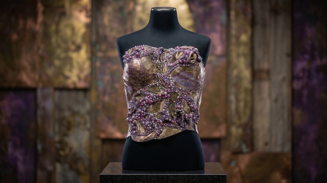 Mercedes Brunelli "Lavender Dreams" Fabric, beads, pearls, rhinestones, Swarovski crystals, resin: Presenting this Mercedes Brunelli Sculpture: "Mercedes Brunelli "Lavender Dreams" Fabric, beads, pearls, rhinestones, Swarovski crystals, resin corset". This piece, measuring 15 x 13 inch, is