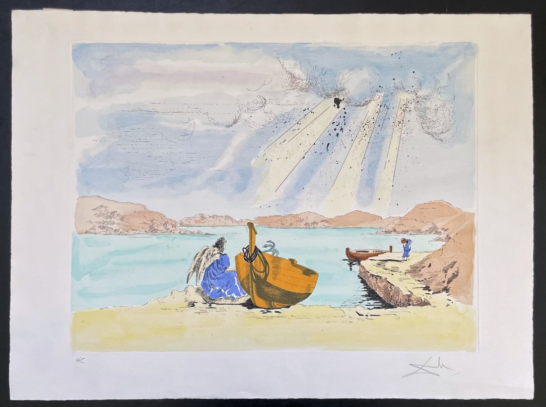 Salvador Dali....etching of Angel by Boat in Port Ligat: Salvador Dali was one of the most iconic painters of the Twentieth Century, with a range of imaginative, striking and surrealist work. His repertoire was influenced by classical Renaissance masters, b