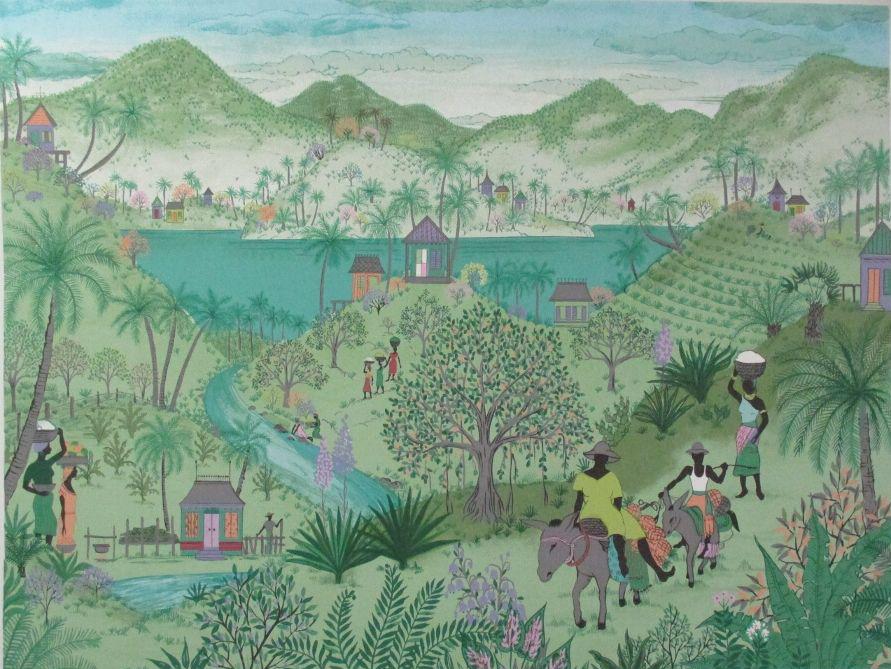 Donkeys Ride, Carribbean Lithograph by Jack Hofflander: Signed and Numbered Lithograph of a Caribbean village, surrounded by hills, with two people riding donkeys in the foreground