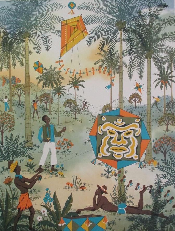 Kites, Carribbean, Jack Hofflander: Kites, Carribbean, Jack Hofflander Signed and Numbered Lithograph image of a Caribbean scene with several people flying different kinds of kites.