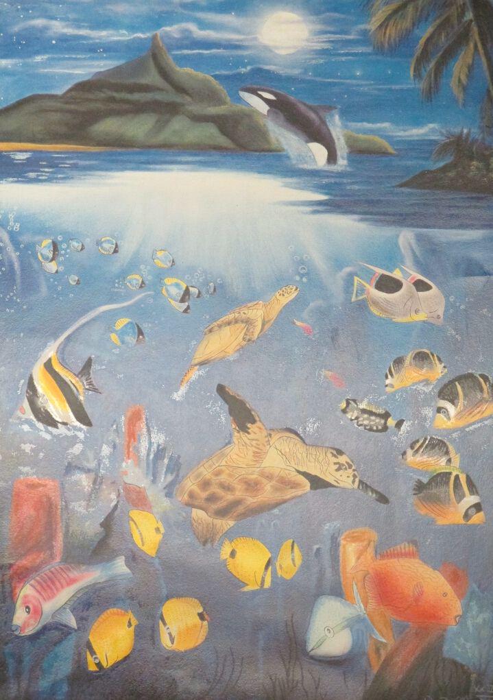 Night Fall, David D Zion: David D. Zion Lithograph, Signed, Numbered, and Titled Night Fall is a seascape with a turtle and a killer whale jumping out of the water with a full moon in the sky. Measuring 27x 19.5