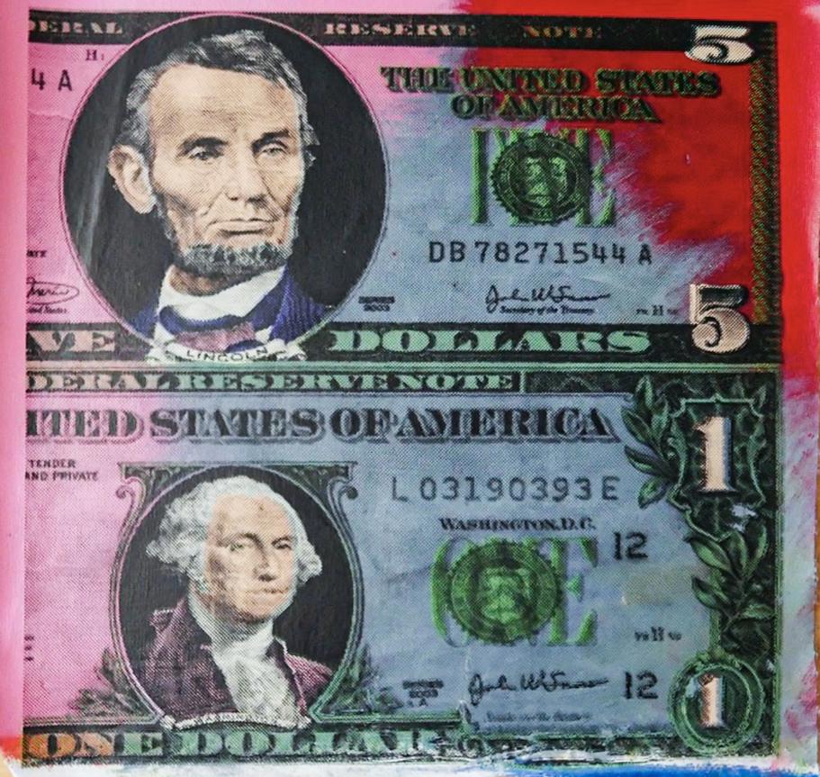 Five and One Dollar Bill, Kaufman Estate: "Five and One Dollar Bill" is a limited edition silkscreen on canvas from the Bobby Womack collection. Bobby was the primary assistant and best friend to Steve Kaufman, Andy Warhol's ap