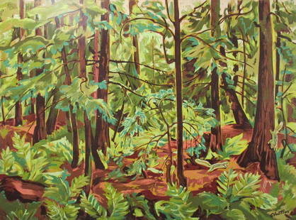 Albert Cloutier Eastern Hemlock: Albert Cloutierâ€™s Signed Lithograph Titled Eastern Hemlock is a picture of a landscape with trees and shrubs with the light shining through measuring 30x40