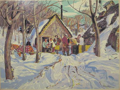 Albert Cloutier Sugar Time Quebec: Albert Cloutierâ€™s Signed Lithograph Titled Sugar Time Quebec is a scene of winter in Quebec with a group of men making maple syrup measuring 27x20