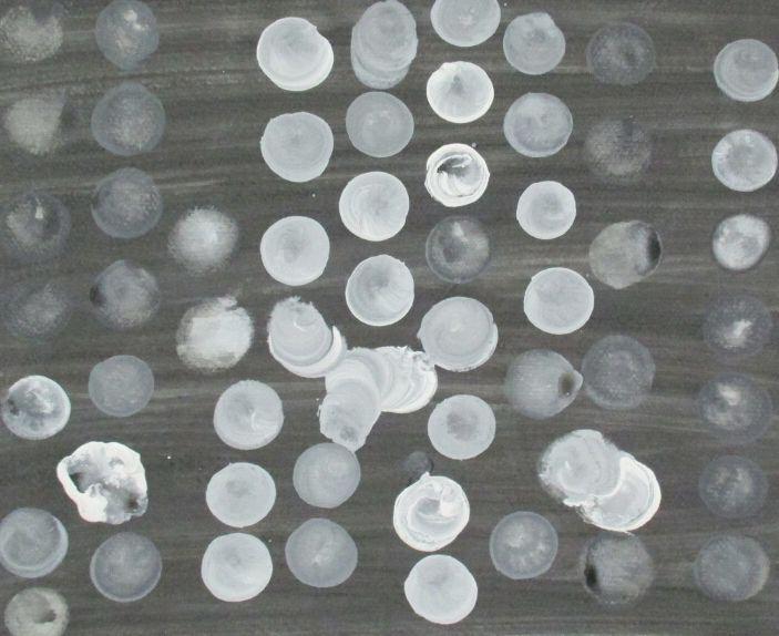 Don Jean-Louis, Original ID 5522: Don Jean-Louis Original, Signed, Mixed media on acid-free rag paper, dots in various colours and sizes against a grey and black background. Measuring 13 x 17