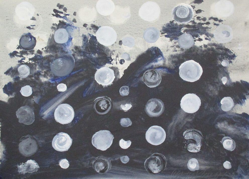 Don Jean-Louis, Original ID 5540: Don Jean-Louis Original, Signed, Mixed media on acid-free rag paper, white, grey and black dots in a grid pattern with a black and grey background. Measuring 11 x 14