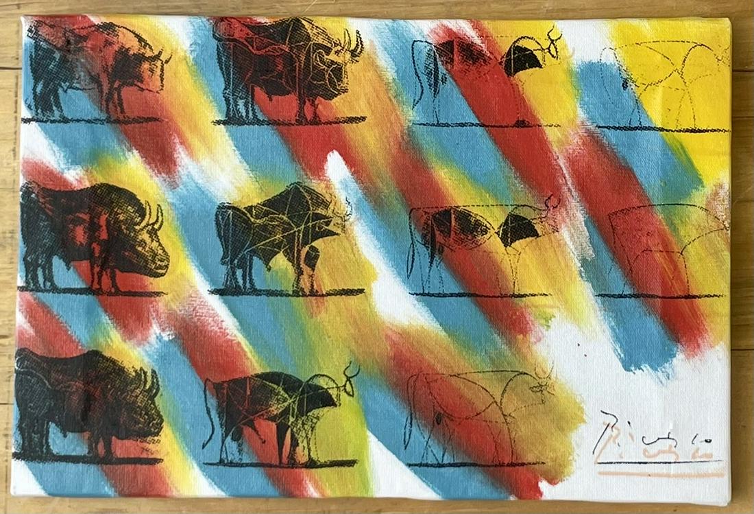 Picasso, Bulls by Steve Kaufman: Oil on canvas by Steve Kaufman SAK, Andy Warhol's apprentice. This piece originates from the Steve Kaufman Estate, willed to Bobby Womack, which is hand signed and includes a Certificate of Authen
