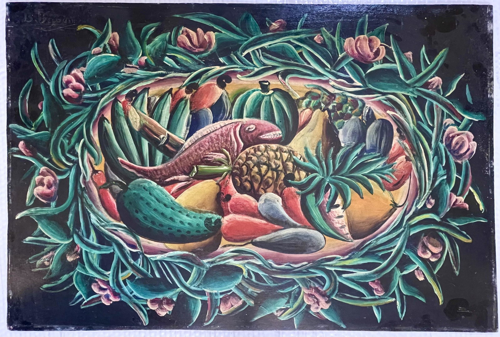 Haitian Artwork by Artist Bourmond Byron: "Haitian Artwork by Artist Bourmond Byron"Bourmond Byron was born in Jacmel, Haiti on June 23,1923. He studied at Freres de l'instruction Chretienne and became a carpenter while also working