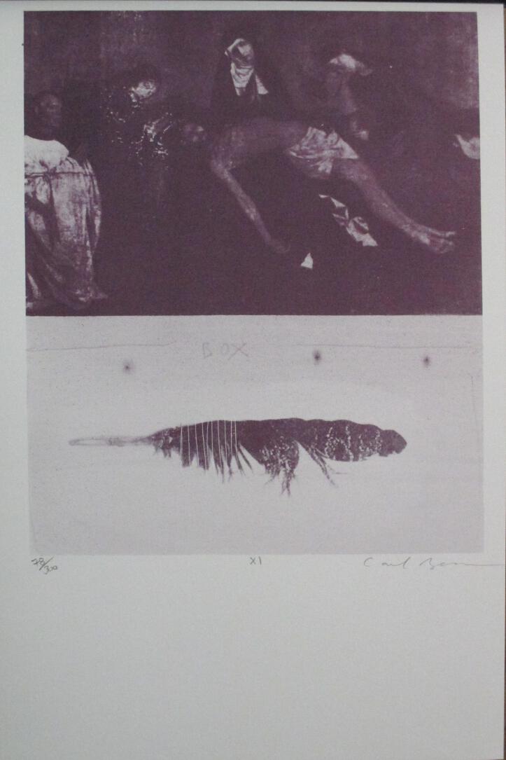 Plate XI Box, Carl Beam: Carl Beam Lithograph Titled Plate XI Box is a picture of people with a feather below. Measuring 48.5 x 32