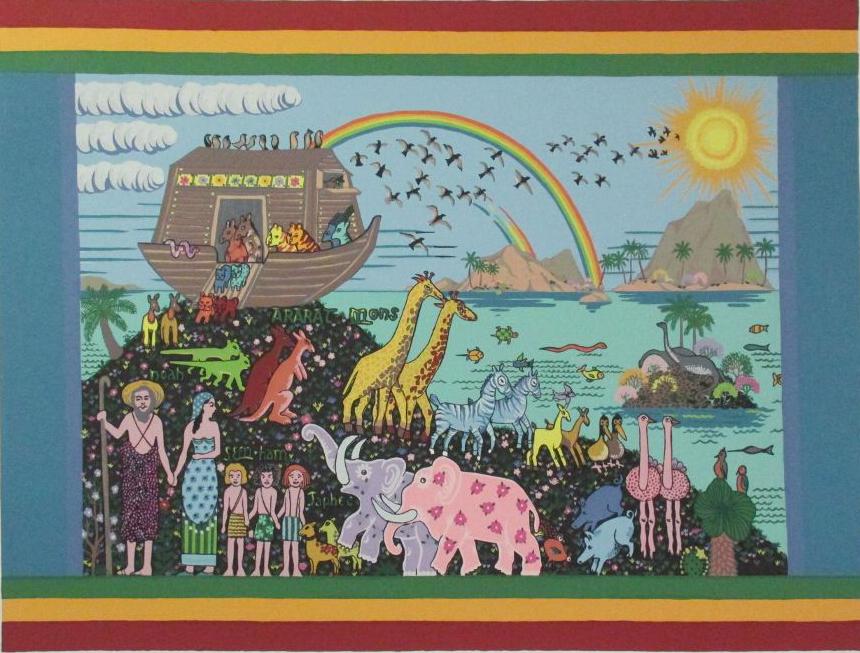 Noah Ark, Jack Hofflander: Noah Ark, Jack Hofflander Signed and Numbered Lithograph of a stylized, colourful, almost naive-like depiction of Noah Ark sitting on Mount Ararat, with Noah and family in the foreground, colourful an