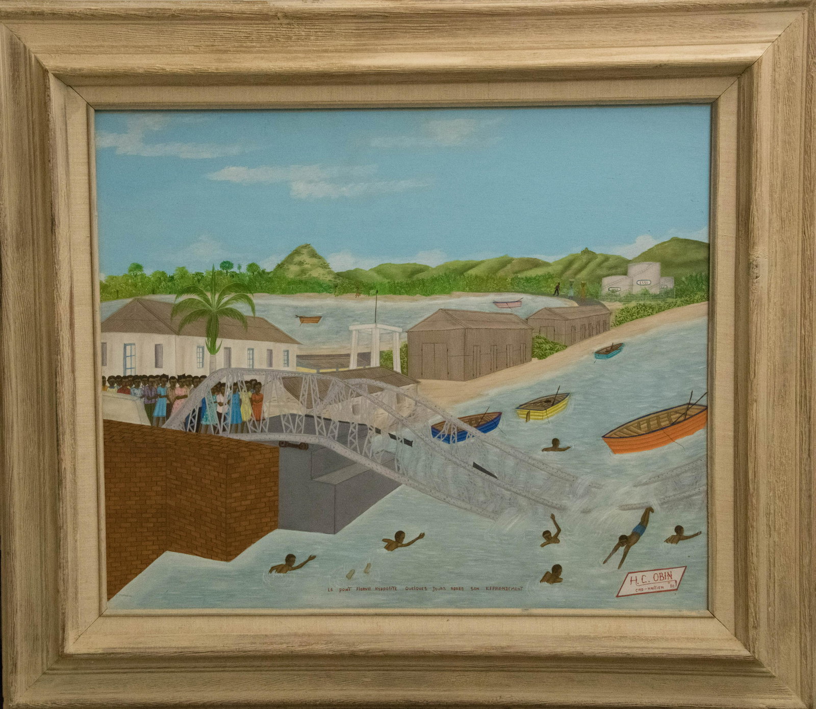 Le Point Fiorvil Effrondement by Henri Claude Obin: Le Point Fiorvil Hyppolite Queiques Jours Apres Son Effrondement by Henri Claude Obin is a Haitian oil on board painting. 20 X 24. Born in 1949. He painted under his father Philome Obin. He painted la