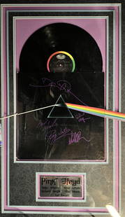 Signed Pink Floyd LP Plaque: Autographed Pink Floyd Dark Side of the Moon Album LP Plaqueis a framed collectible and signed by David Gilmour, Rick Wright, Nick Mason, and Roger Waters. Due to the reflective nature of the glass,