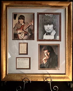 Signed George Harrison Collage Plaque: Autographed George Harrison Collage including 2001 Rolling Stone Special Edition Magazine Cover Plaqueis a framed collectible and signed by the named artist. Due to the reflective nature of the