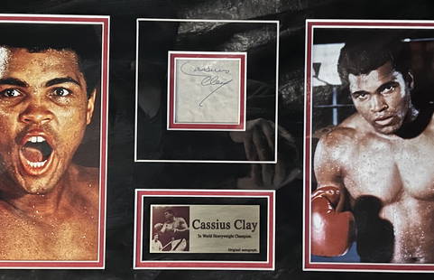 Boxer Signed Cassius Clay Muhammad Ali Plaque: Boxer Cassius Clay Autograph Muhammad Ali Collage Plaqueis a framed collectible and signed by the named artist. Due to the reflective nature of the glass, some textures viewed in the image may just