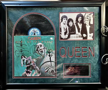 Signed QUEEN Album LP Plaque: Signed QUEEN News of the World LP Plaqueis a framed collectible and signed by Freddie Mercury, Brian May, Roger Taylor and John Deacon. Due to the reflective nature of the glass, some textures