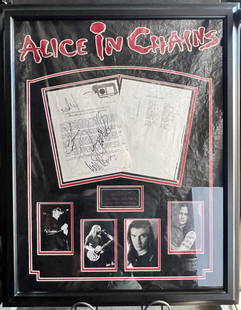 Signed Alice in Chains Press Release Plaque: Signed Alice in Chains Press Release Plaqueis a framed collectible and signed by Layne Staley, Jerry Cantrell, Michael Starr and Sean Kinney. Due to the reflective nature of the glass, some textures