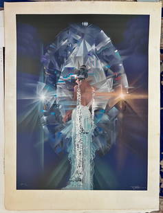 Lady in White by Robert Peak: Lady in White by Robert Peakis a hand signed limited edition serigraph. This features a lady dressed in formal white attire standing in front of a multi-faceted diamond. This unique serigraph was