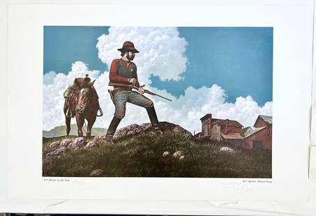 US Marshall by Jim Daly: US Marshall by Jim Dalyis a limited edition hand signed lithograph by Jim Daly featuring a lone US Marshall seeking to locate a prisoner who escaped into the western farmland. Measures 33 x 34.5 in.