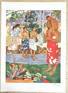 Four Tahitian Women and Child by Gauguin: Four Tahitian Women and Child by Paul Gauguin This is a limited edition lithograph numbered 32/350, reproduced from an original painting by Paul Gauguin. Measures 22 x 30 in.