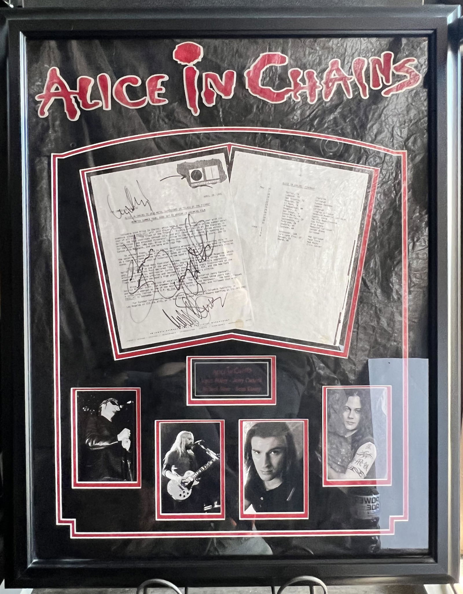 Signed Alice in Chains Press Release Plaque: Signed Alice in Chains Press Release Plaqueis a framed collectible and signed by Layne Staley, Jerry Cantrell, Michael Starr and Sean Kinney. Due to the reflective nature of the glass, some textures v