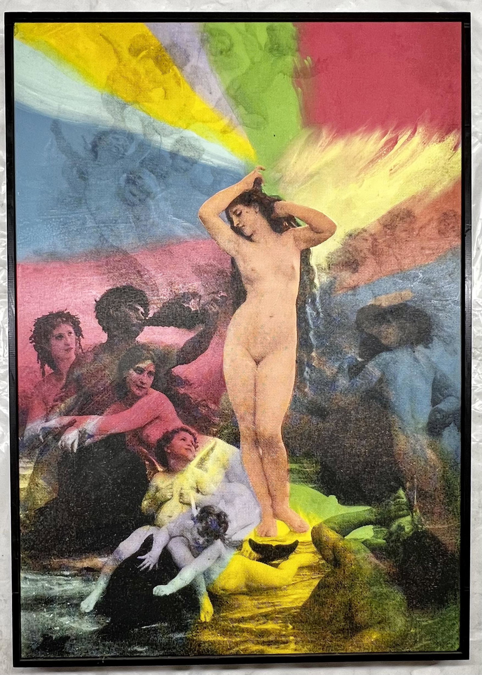 Multicolor Venus on a Shell by Steve Kaufman: Venus on a Shell by Steve Kaufman is multicolor framed mixed media on canvas signed by Steve Kaufman. Steve Kaufman willed these pieces to Bobby Womack, from which his collection was built, and these 