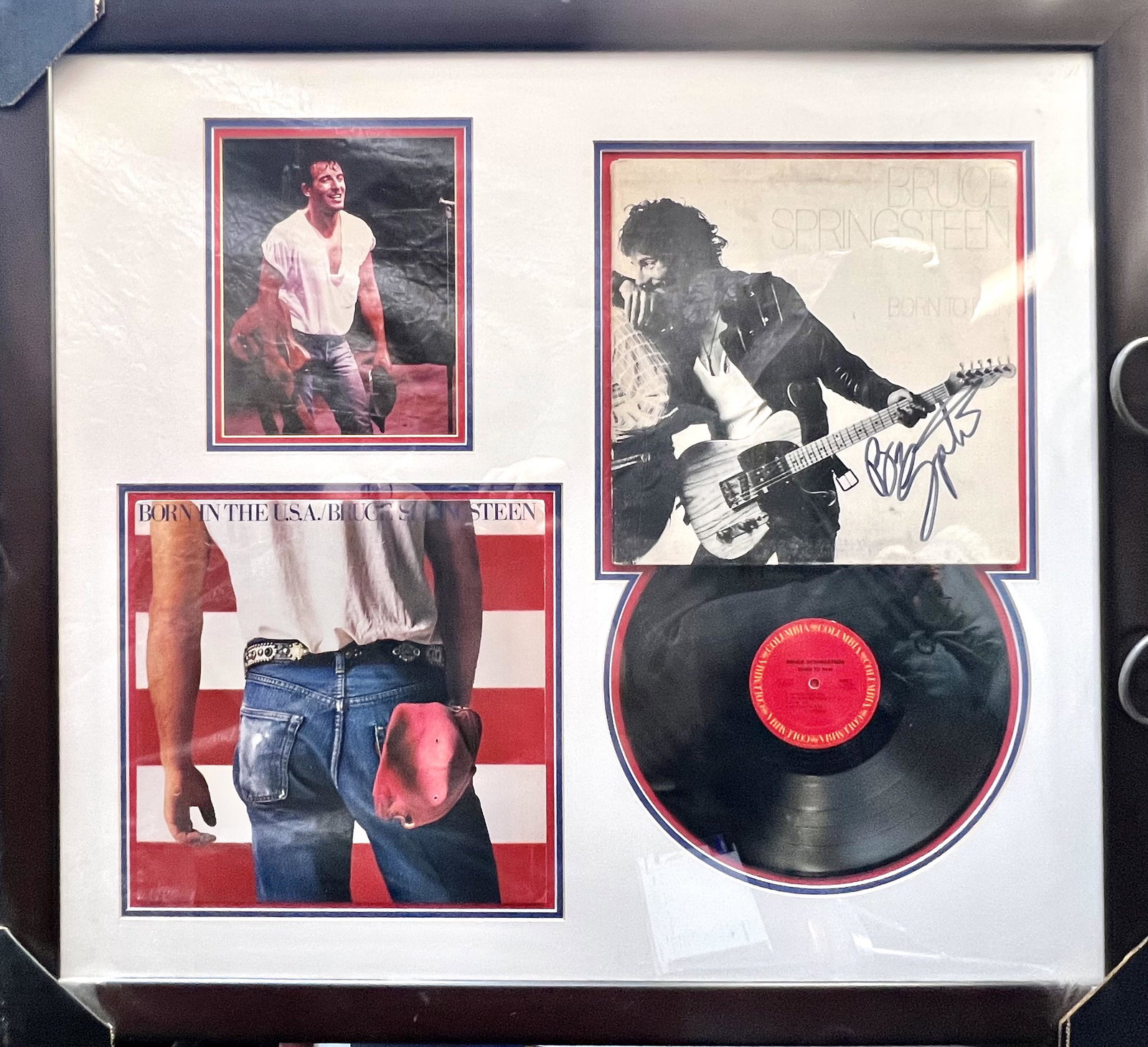 Signed Bruce Springsteen Born to Run LP: Autographed Bruce Springsteen Born to Run LP Born in the USAis a framed collectible and signed by the named artist. Due to the reflective nature of the glass, some textures viewed in the image may jus