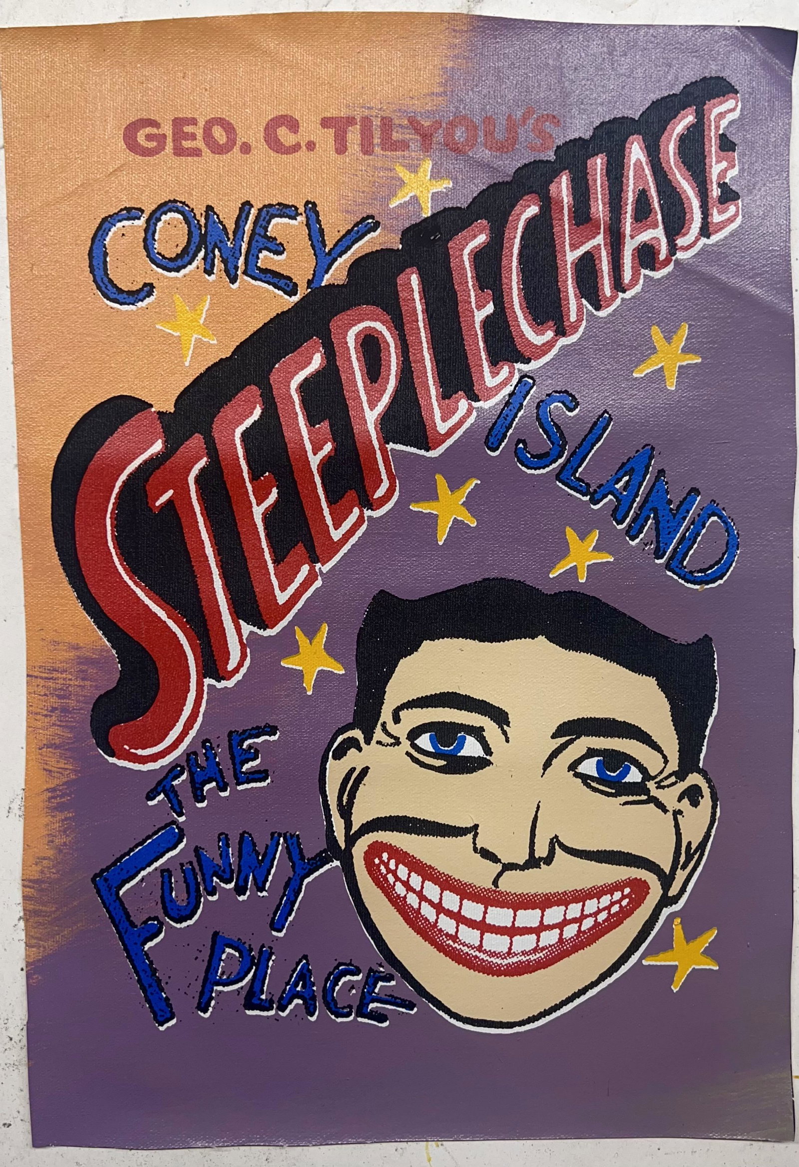 Mascot Steeplechase Jack by Steve Kaufman: Mascot Steeplechase Jack of Coney Island by Steve Kaufmanis a unique hand pulled silkscreen mixed media on canvas and is hand signed by Steve Kaufman. Due to the nature of the canvas, these will need 