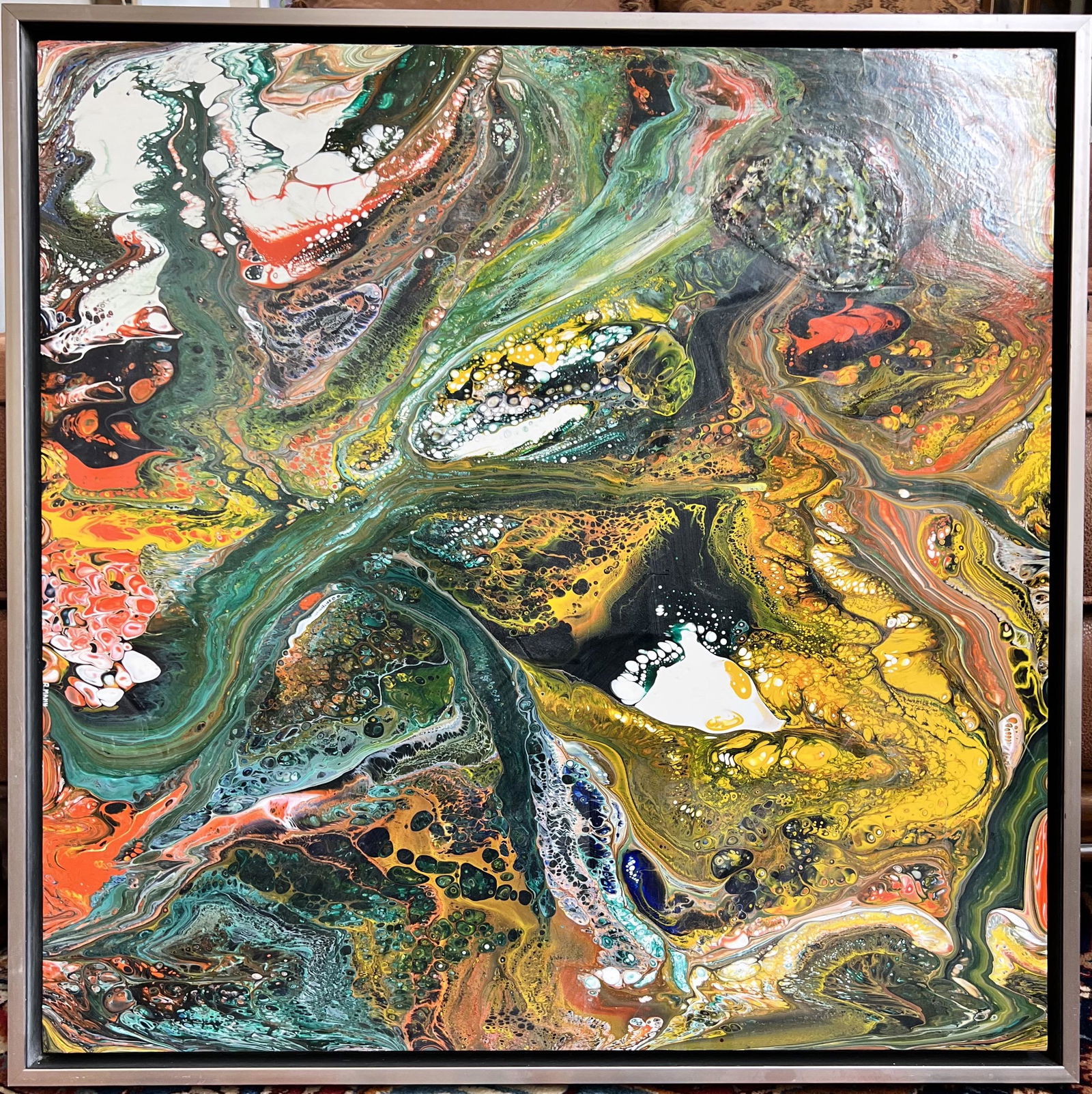 Reverie by Richard Mann: Reverie by Richard MannThis is an original framed mid century modern painting. Measures 25.5 x 25.5 in.