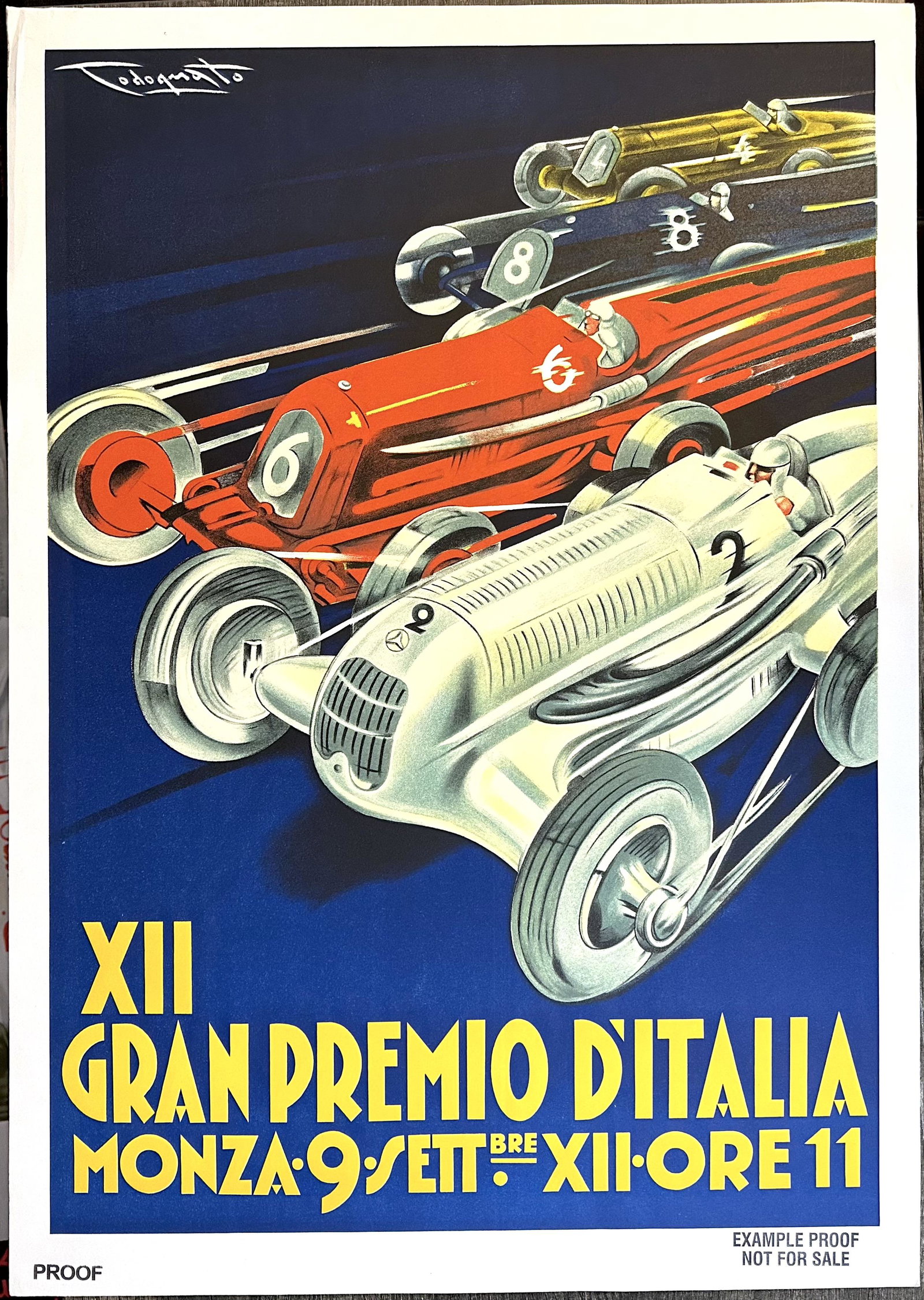 Gran Premio DItalia Vintage Poster: Gran Premio DItalia Vintage Poster PROOFis a hand pulled Lithograph stamped PROOF on Rives BFK Paper. The proof was printed on an antique French Marinoni Vaoirin flat bed press. Measures 31 x 21 in.