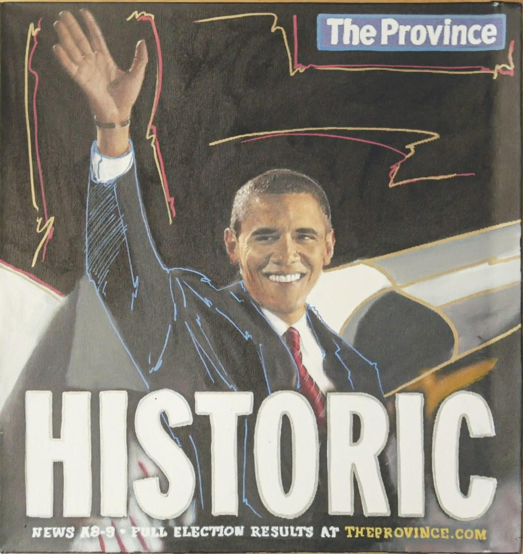 Obama(Historic) by Steve Kaufman: Obama(Historic)is a one of a kind hand pulled silkscreen mixed media on canvas and is hand signed by Steve Kaufman. Due to the nature of the canvas, these will need to be stretched or mounted 