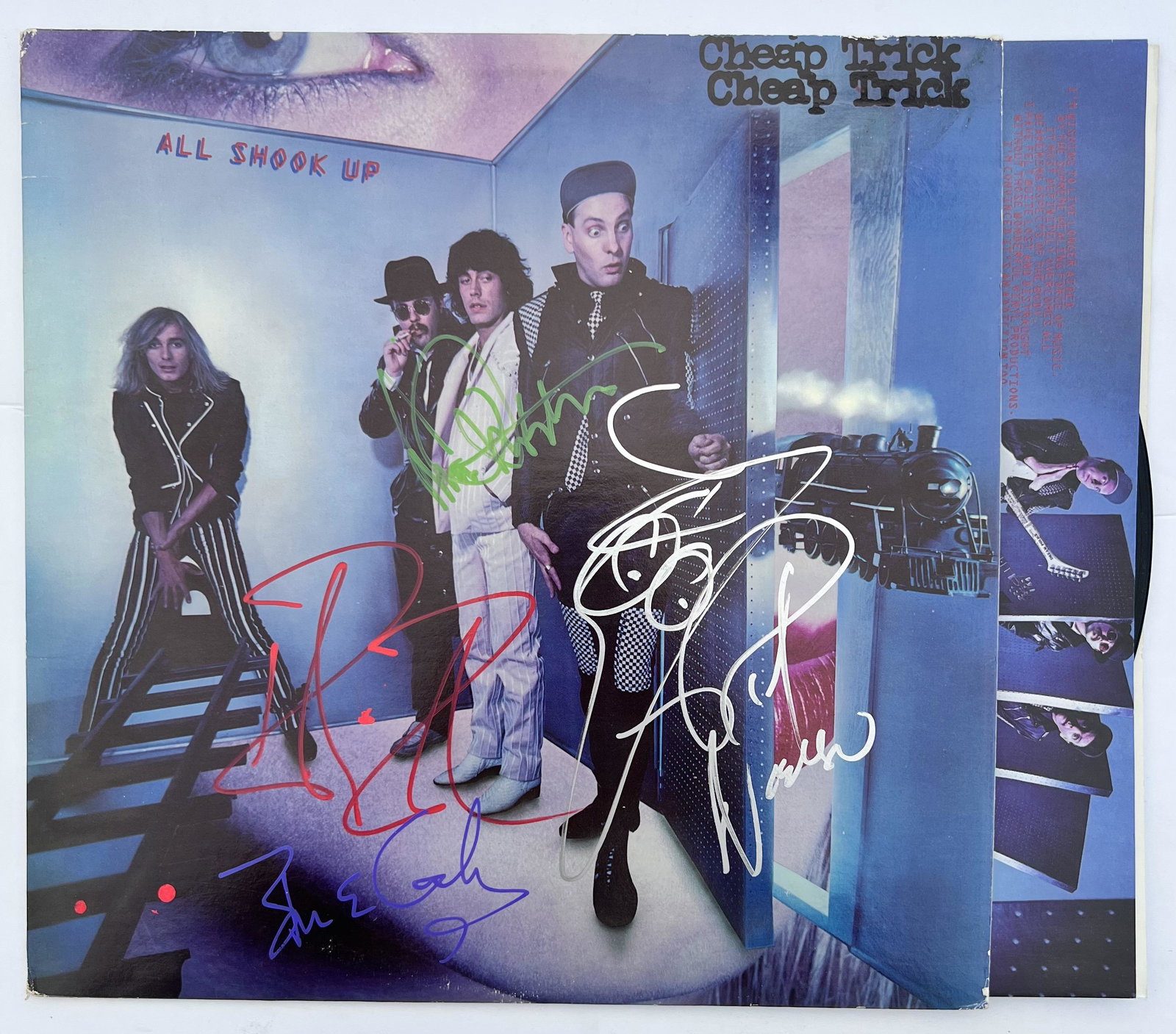 Signed Cheap Trick All Shook Up Record: Signed Cheap Trick All Shook Up Album with Recordis signed by Bun E Carlos, Robin Zander, Rick Neilson, Tom Peterson. This piece came from a private collector with unknown origination and authenticati