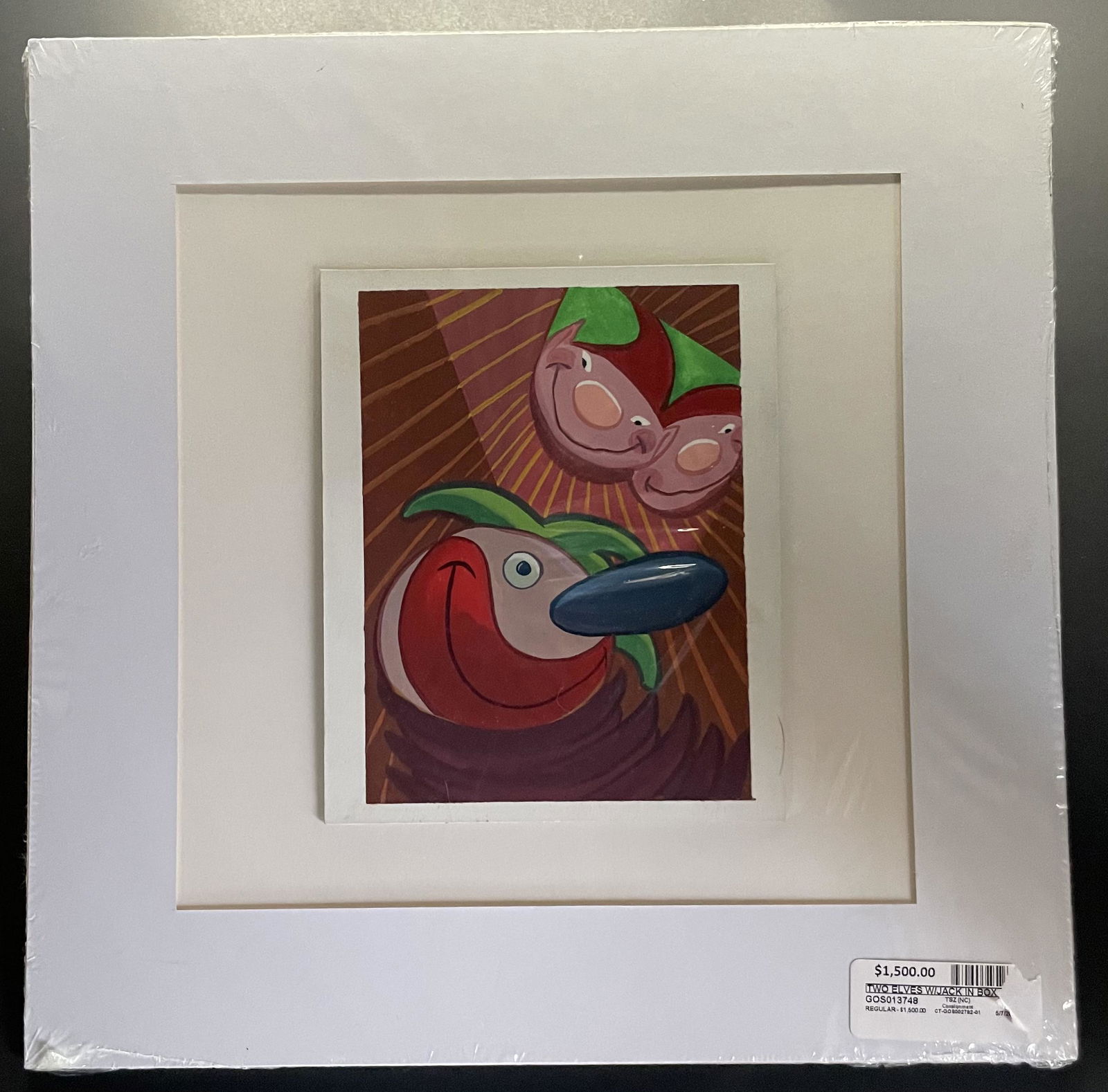 Tim Burton Two Elves with Jack in the Box: Tim Burton Two Elves with Jack in the BoxTim Burton Concept Artwork created for the classic Masterwork, The Nightmare Before Christmas. These artworks come with COA from AFA gallery. Tempera on Board